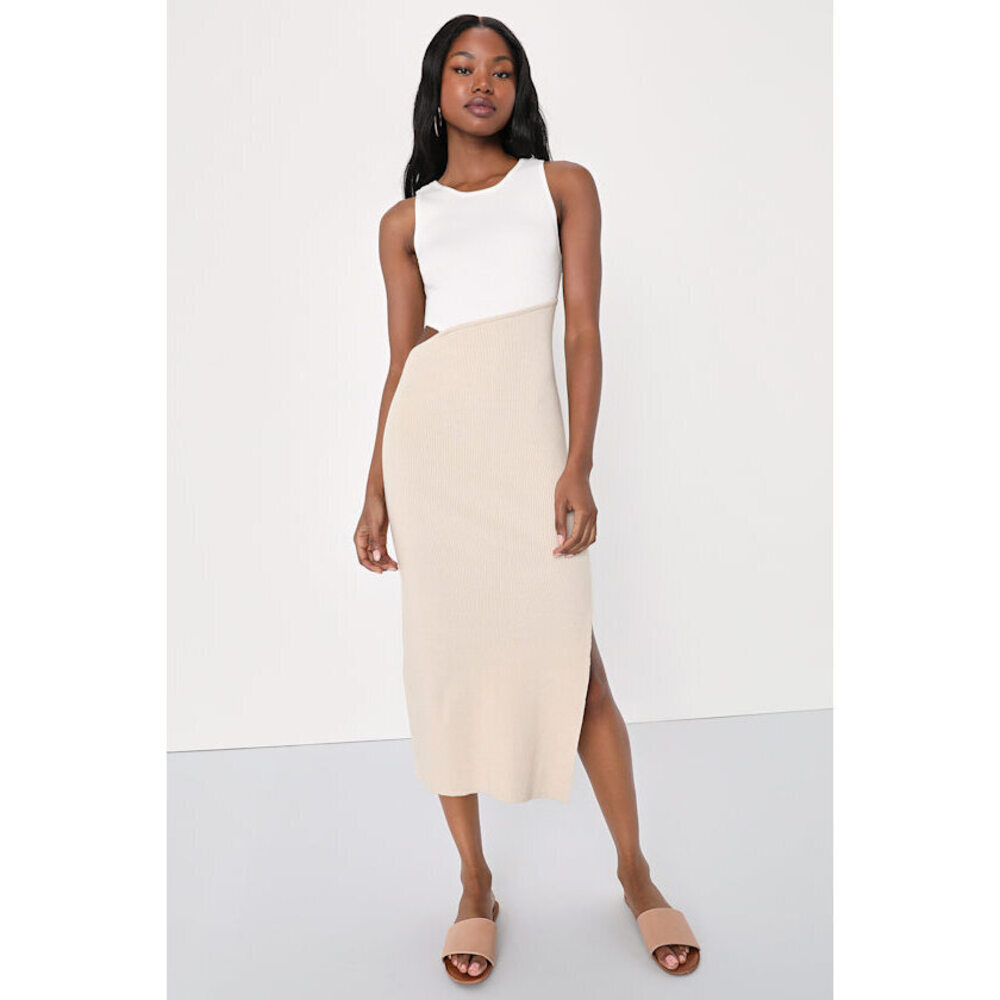Lulus Fabulous Favorite White And Beige Ribbed Cutout Sweater Dress - Size M